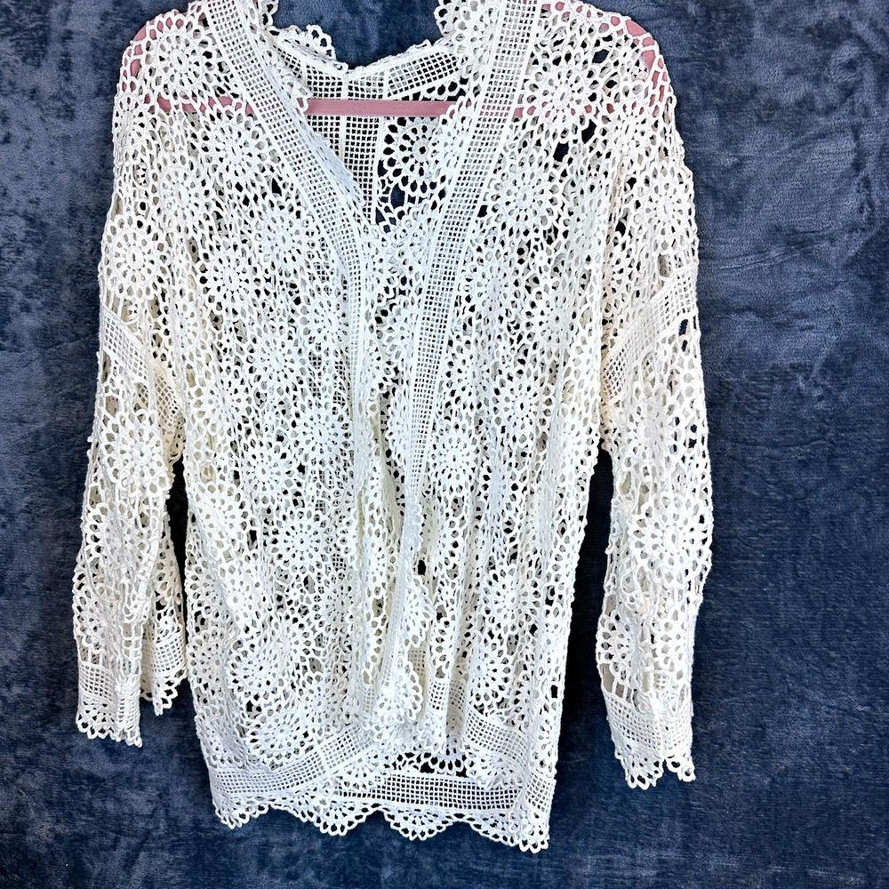 Womens White Crochet Open-Knit Long Sleeve Bathing Suit Cover Up/ Cardigan
